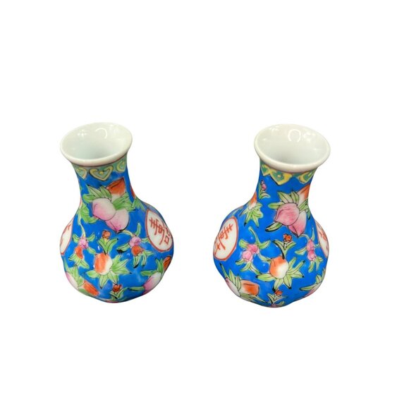 Pair Of Mini Chinese Porcelain Vases Floral Motif & Calligraphy Multicolor 3” - Picture 2 of 9